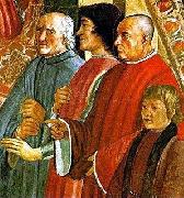 Lorenzo de Medici between Antonio Pucci and Francesco Sassetti, with Giulio de Medici, fresco by Ghirlandaio
